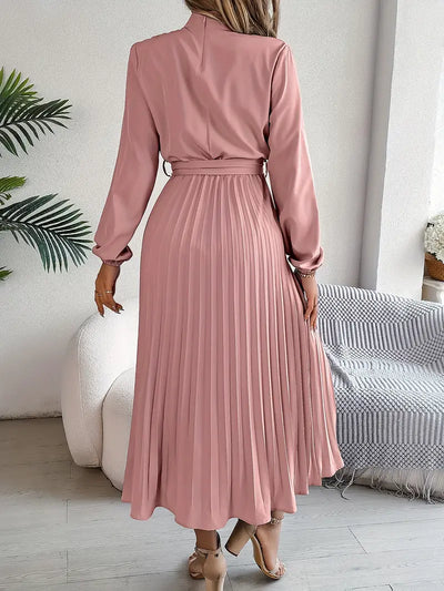 Layla - Vestido de color liso con cuello alto y cinturón plisado