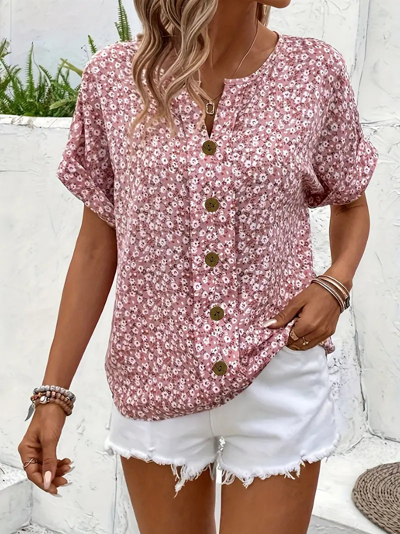 Chemisier boutonné à manches courtes et imprimé floral pour femme