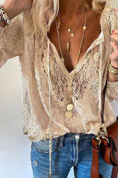 Camicetta da donna - Collo a V in pizzo - Maniche lunghe Leggerezza ariosa - Look elegante