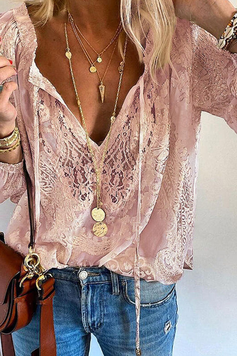 Camicetta da donna - Collo a V in pizzo - Maniche lunghe Leggerezza ariosa - Look elegante