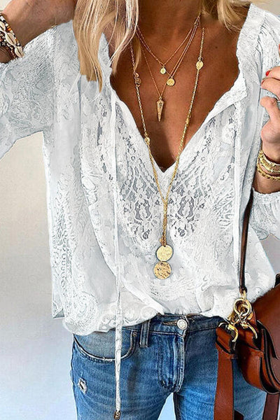 Camicetta da donna - Collo a V in pizzo - Maniche lunghe Leggerezza ariosa - Look elegante