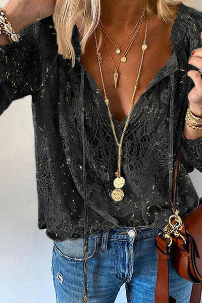 Camicetta da donna - Collo a V in pizzo - Maniche lunghe Leggerezza ariosa - Look elegante