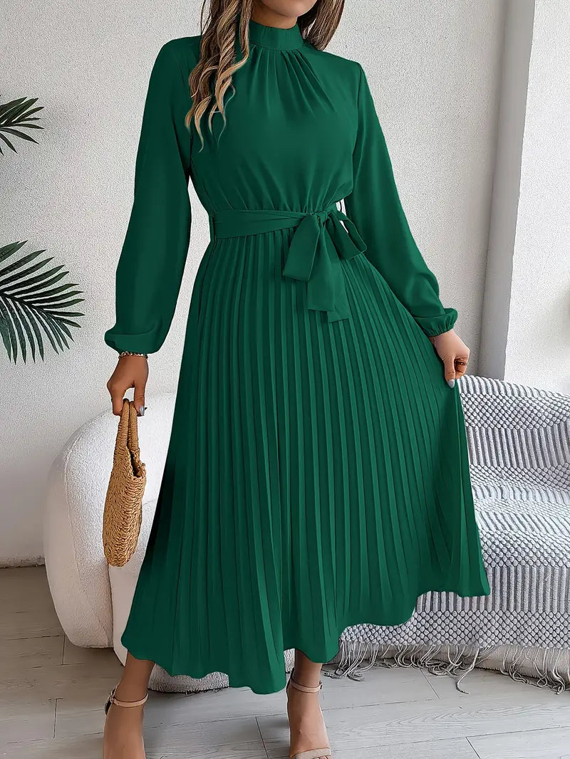 Layla - Vestido de color liso con cuello alto y cinturón plisado