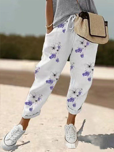 Sandra - Pantalon décontracté en coton et lin imprimé