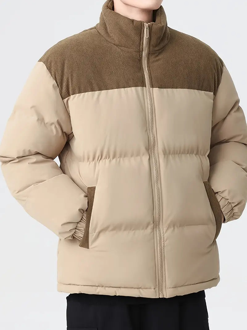 Chaqueta acolchada con bloques de color de moda para hombre: abrigo de invierno grueso y cálido 