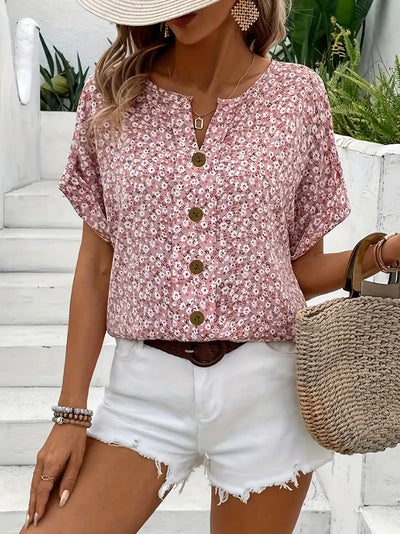 Chemisier boutonné à manches courtes et imprimé floral pour femme