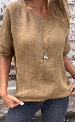 Glori - Chemise décontractée unie en coton et lin pour femme