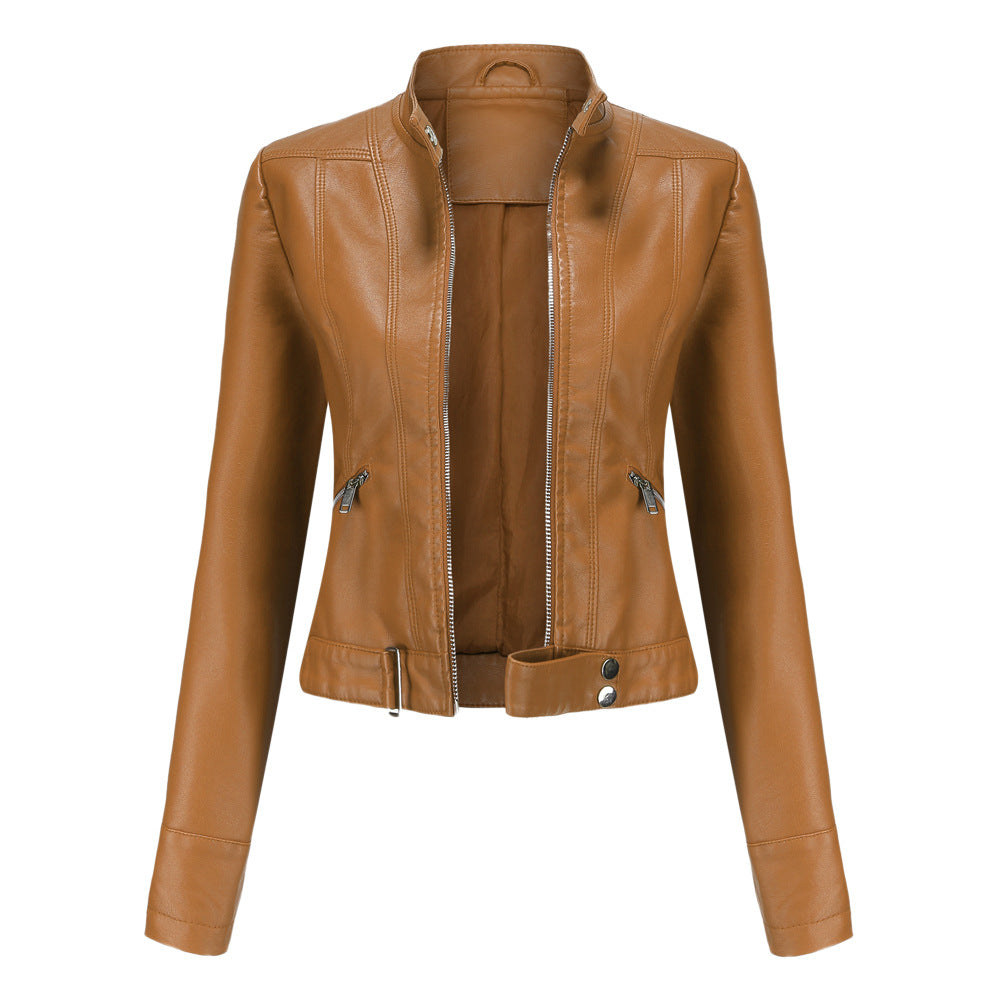 Chaqueta de cuero para mujeres con cremallera, cuello alto y cinturón