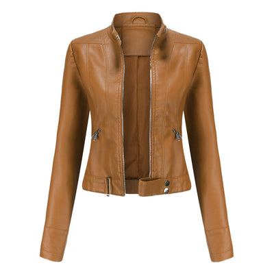 Chaqueta de cuero para mujeres con cremallera, cuello alto y cinturón