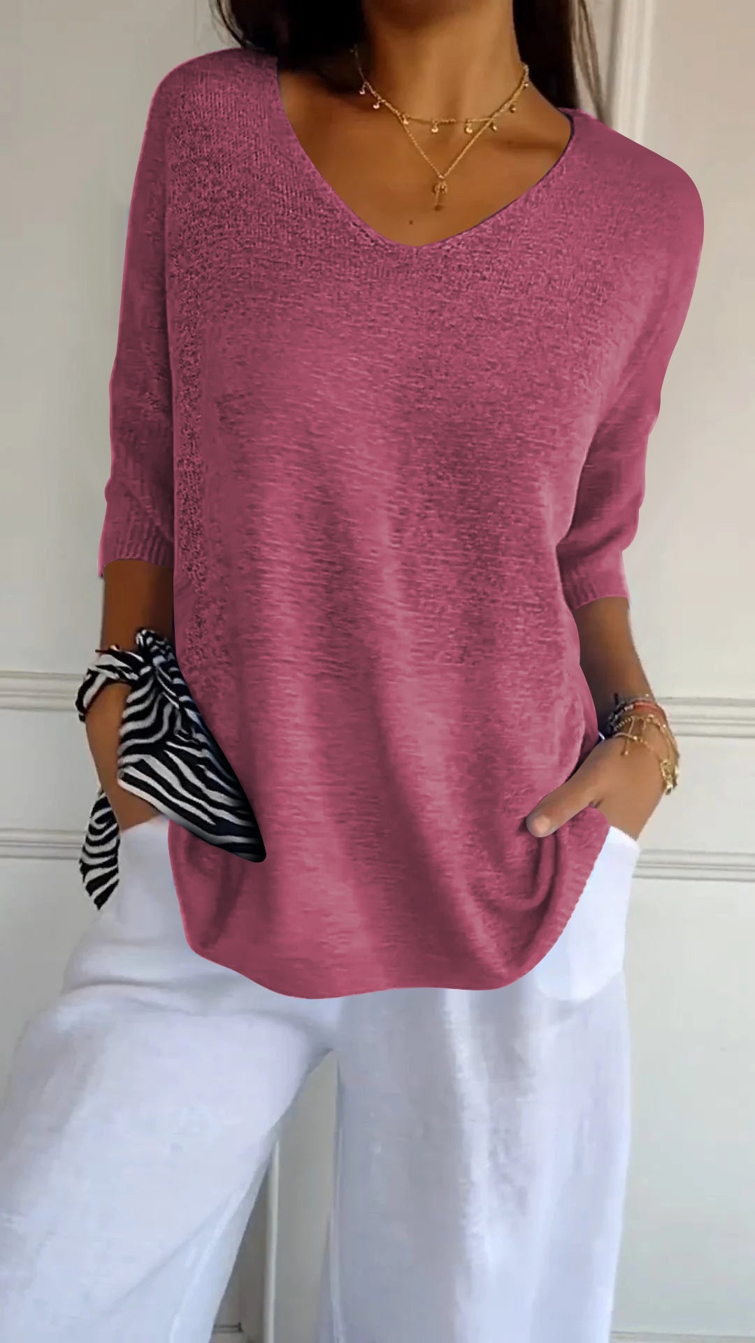 Haut en tricot simple et ajusté à col en V pour femme