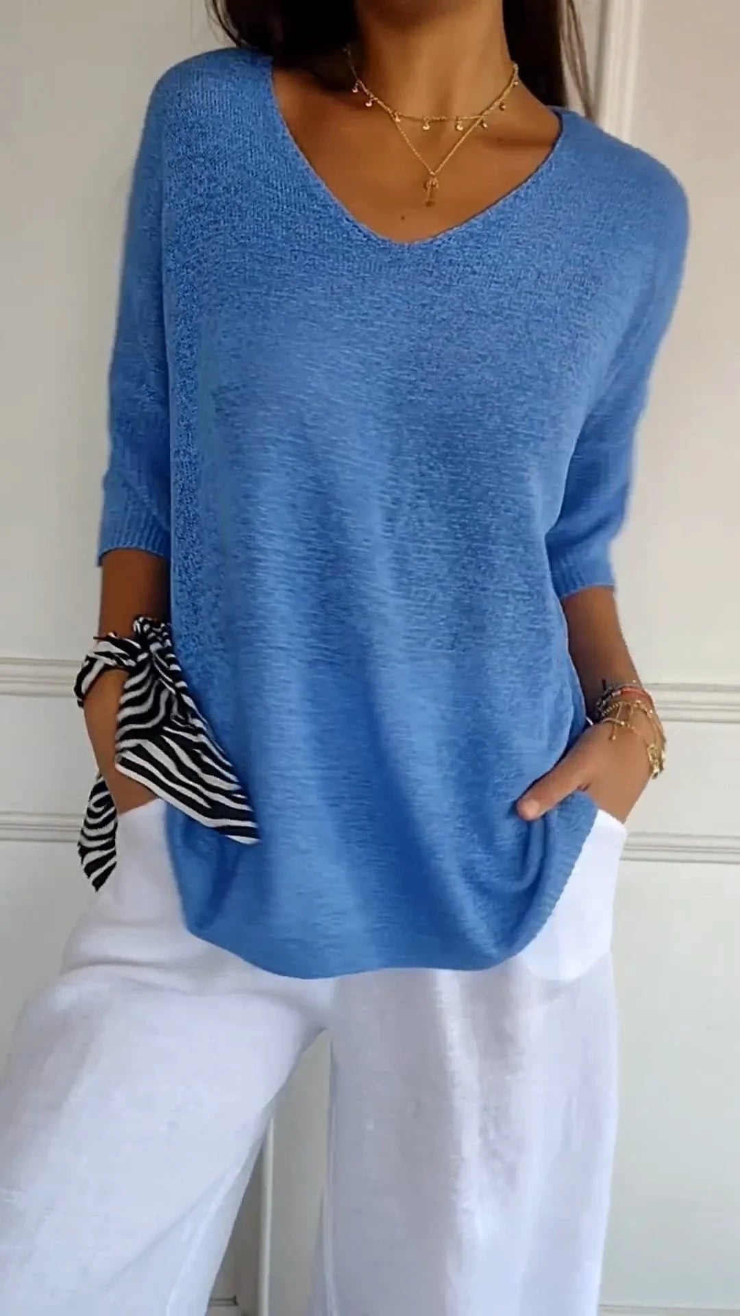 Haut en tricot simple et ajusté à col en V pour femme