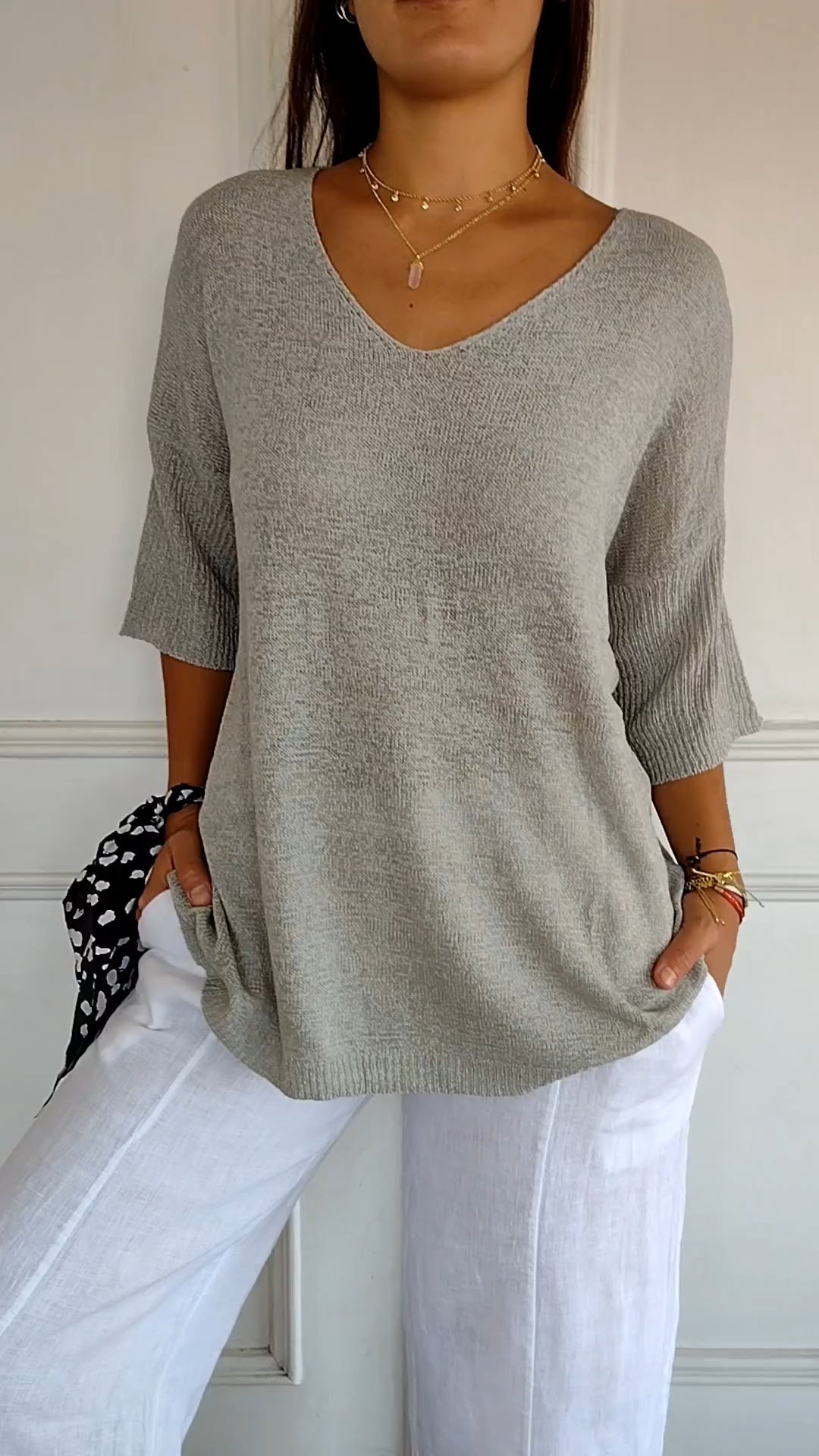 Haut en tricot simple et ajusté à col en V pour femme