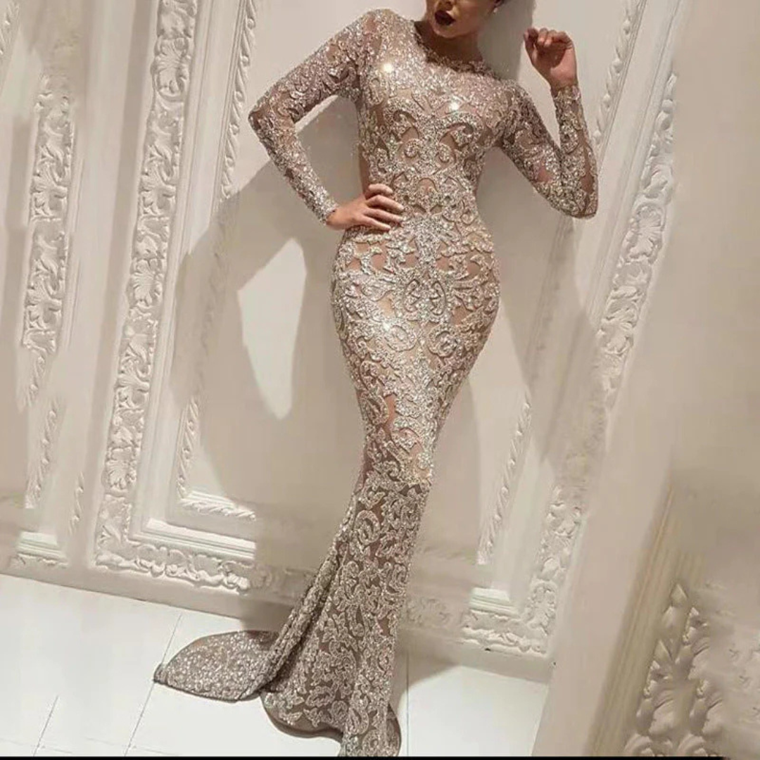 Elegante vestido de sirena de manga larga con lentejuelas para mujer | Maxi