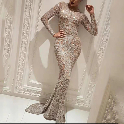 Elegante vestido de sirena de manga larga con lentejuelas para mujer | Maxi