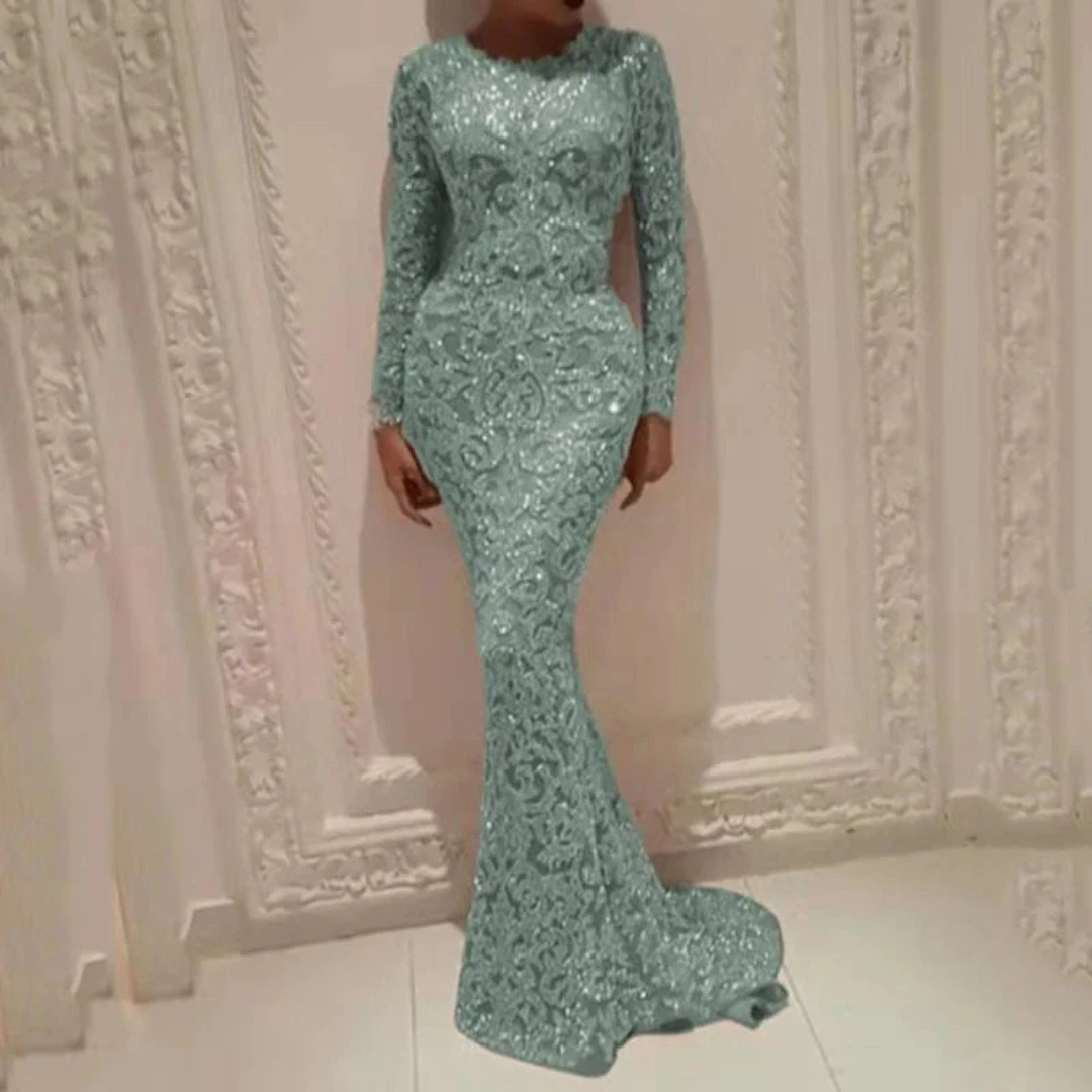 Elegante vestido de sirena de manga larga con lentejuelas para mujer | Maxi