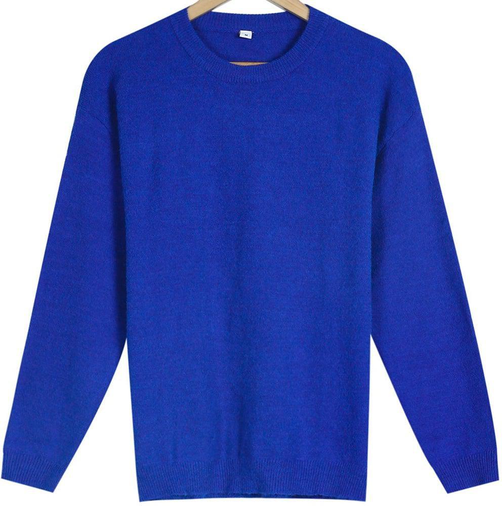 Suéter de cuello redondo azul liso con mangas largas