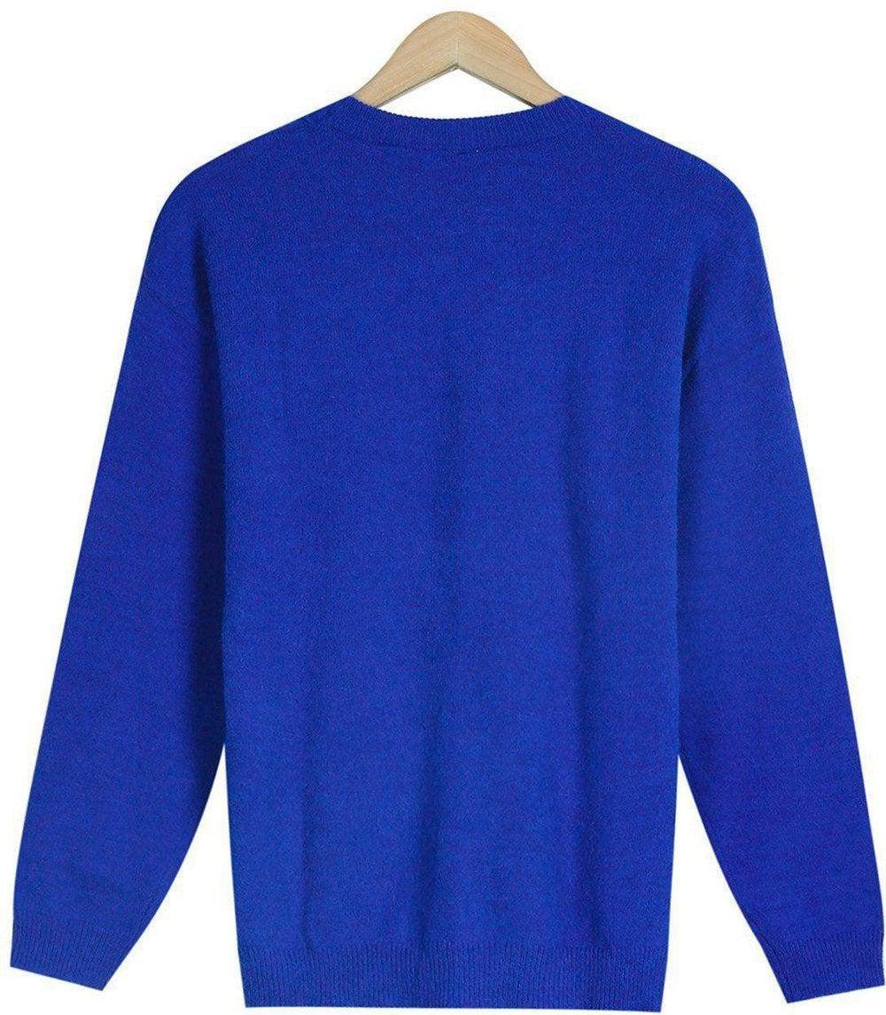 Suéter de cuello redondo azul liso con mangas largas