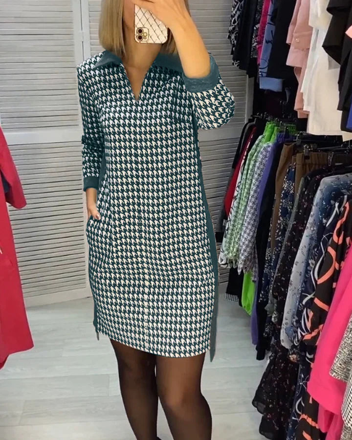 Abito casual con stampa pied-de-poule e scollo a V