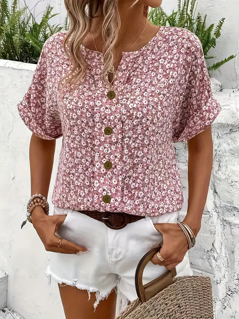 Chemisier boutonné à manches courtes et imprimé floral pour femme