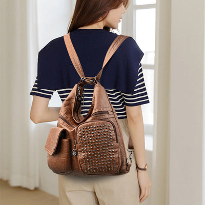 Vintpack - sac à dos en cuir avec goujons - Idéal pour l'école et les voyages - Détails de voyage - Compact
