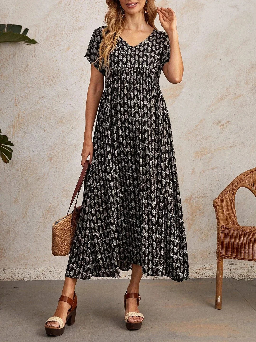 Aganietta - Nuovo abito vintage con scollo a V in lino e cotone