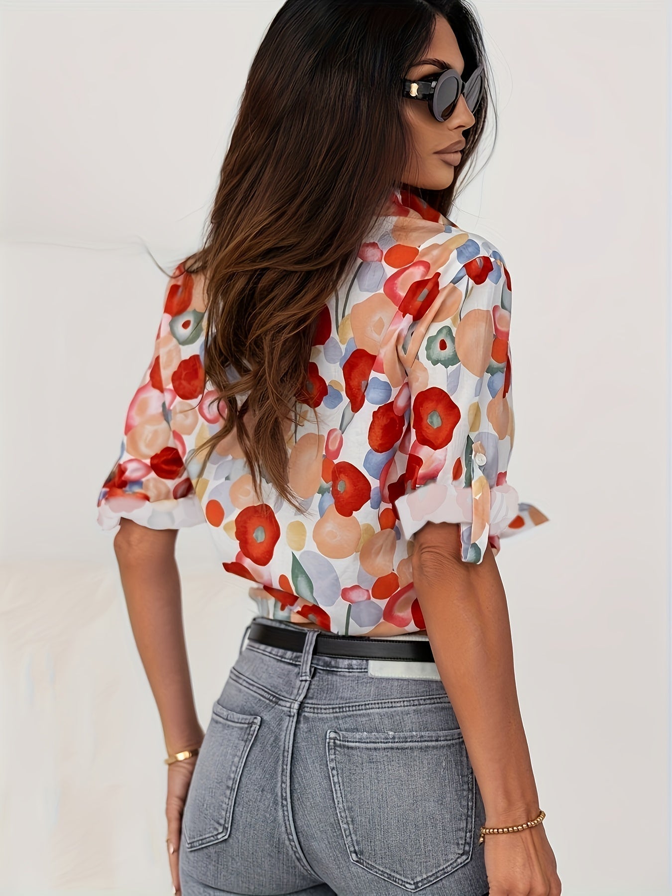 Chemisier Vienna pour femme, élégant motif floral rouge, coupe estivale féminine