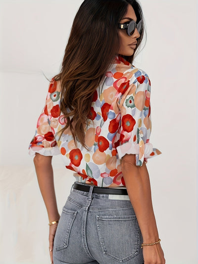 Chemisier Vienna pour femme, élégant motif floral rouge, coupe estivale féminine