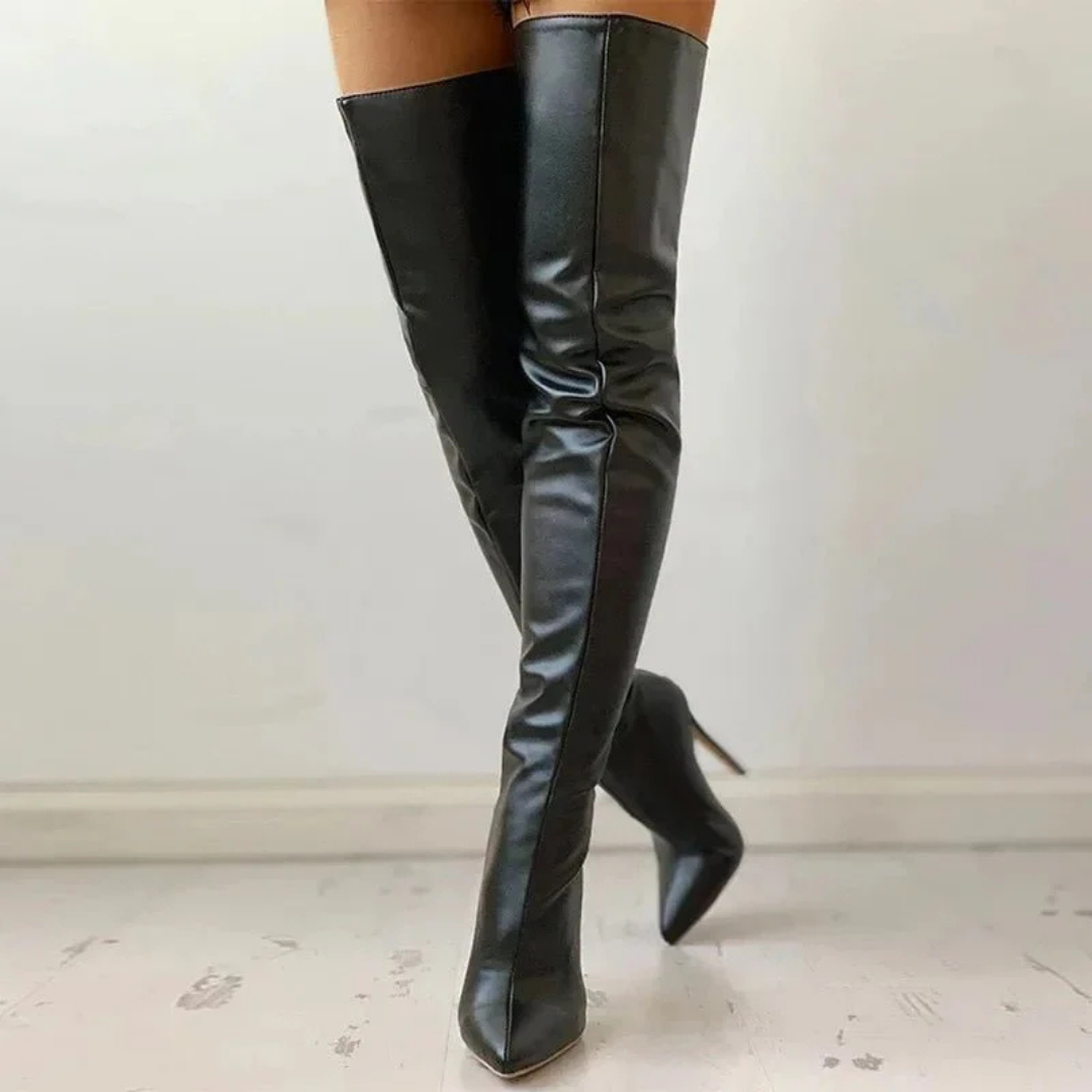Botas para mujeres con tacón alto y cremallera y punta puntiaguda: sube al muslo