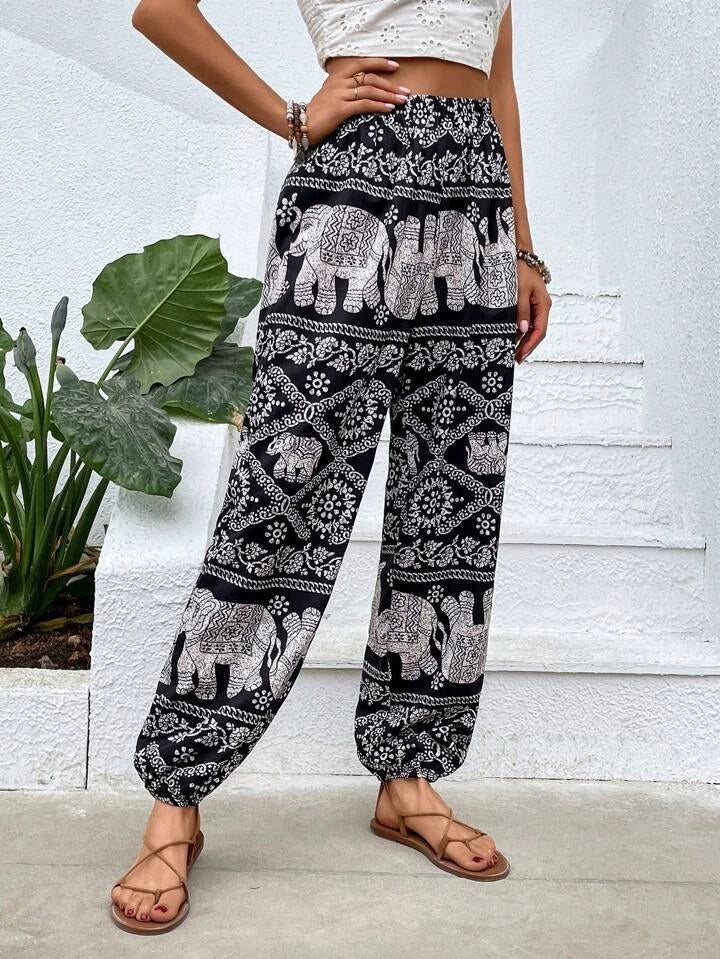 Pantalones harén con estampado de elefante bohemio, corte holgado