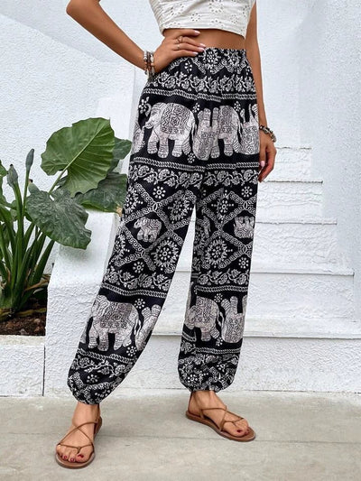 Pantalones harén con estampado de elefante bohemio, corte holgado