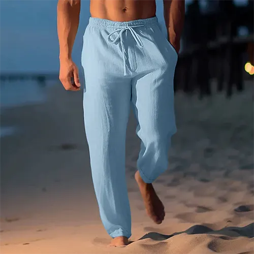 Pantalon en lin pour homme - Coupe droite - Taille mi-haute - Essentiel d'été