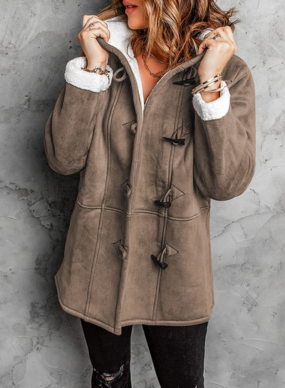 Cappotto invernale da donna con alamari, cappuccio e fodera calda