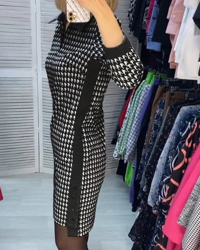 Abito casual con stampa pied-de-poule e scollo a V