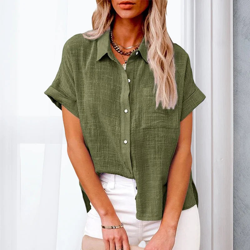Chemise femme à manches courtes en coton et lin