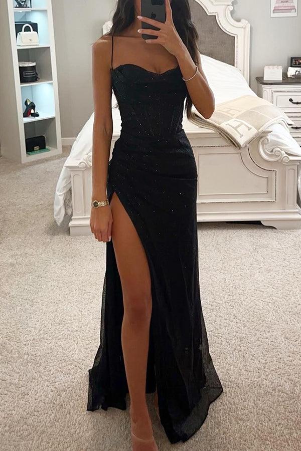 Vestido largo de satén con abertura tipo corsé para mujer: elegante vestido de noche