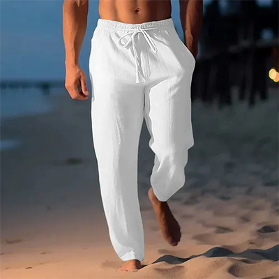 Pantalon en lin pour homme - Coupe droite - Taille mi-haute - Essentiel d'été
