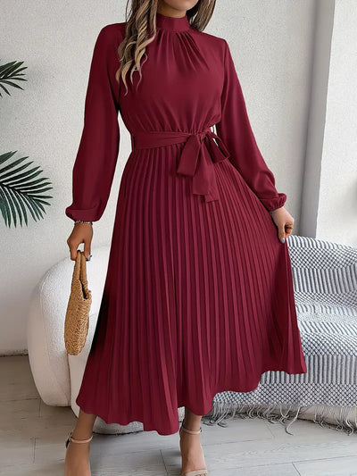 Layla - Vestido de color liso con cuello alto y cinturón plisado