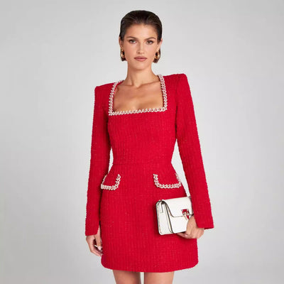 Marion - Elegante vestido de mujer con escote en U y adorno de perlas