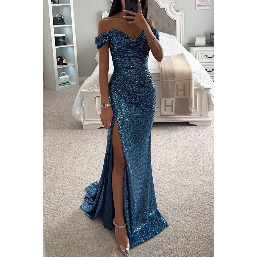Vestido de noche de verano para mujer: largo, escotado y con lentejuelas, ideal para bodas y fiestas.
