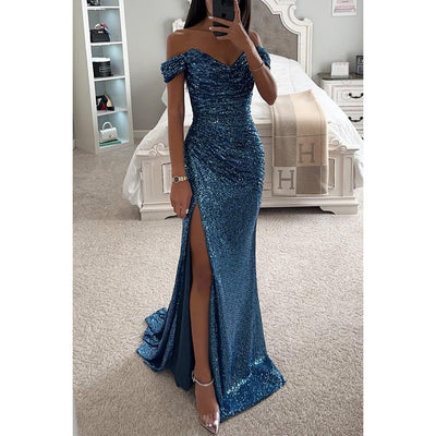 Vestido de noche de verano para mujer: largo, escotado y con lentejuelas, ideal para bodas y fiestas.