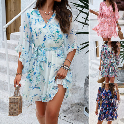 Abito donna a fiori con scollo a V e manica a campana