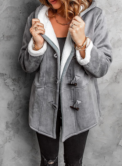 Cappotto invernale da donna con alamari, cappuccio e fodera calda