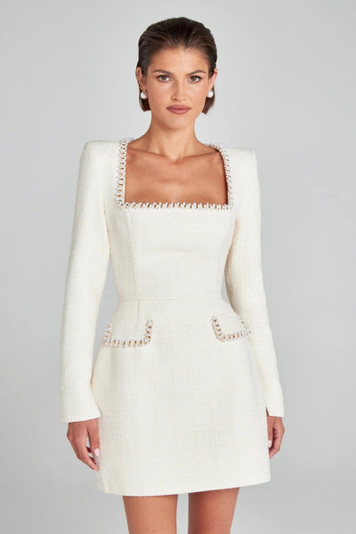 Marion - Elegante vestido de mujer con escote en U y adorno de perlas