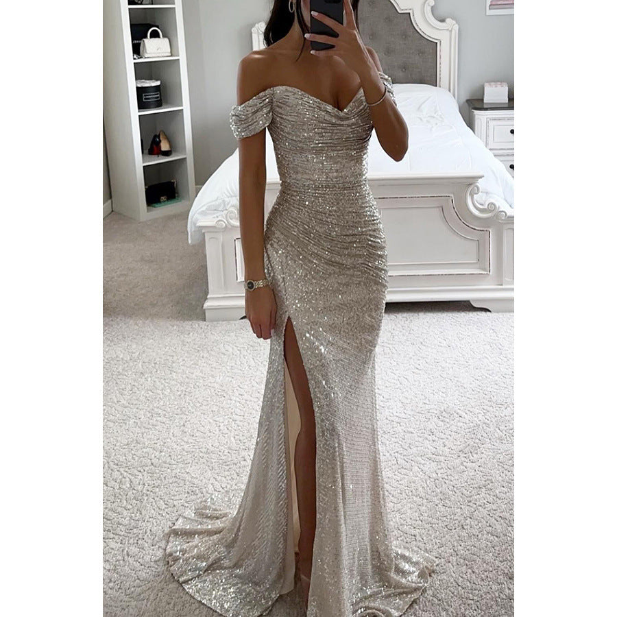 Vestido de noche de verano para mujer: largo, escotado y con lentejuelas, ideal para bodas y fiestas.