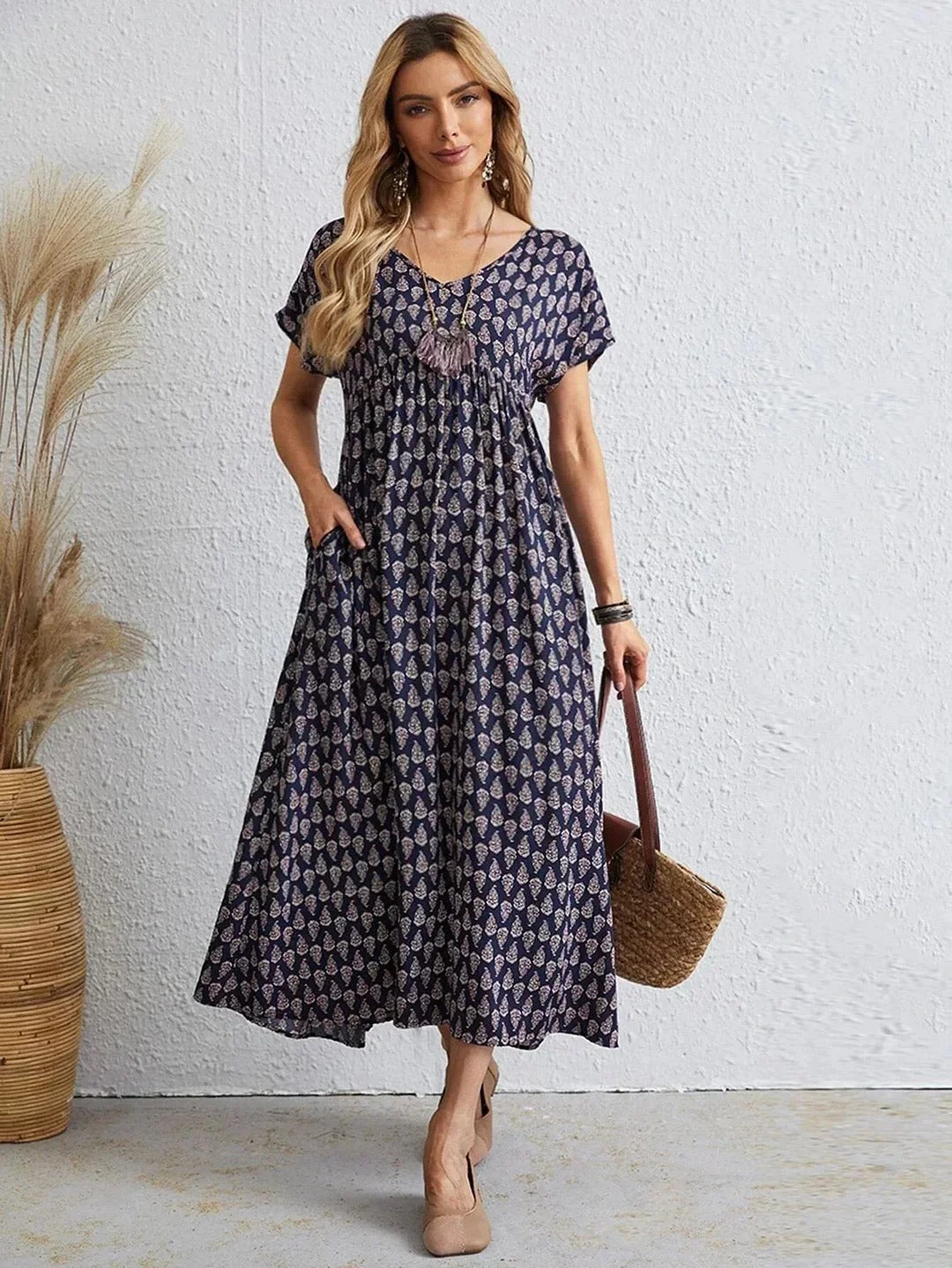 Aganietta - Nuovo abito vintage con scollo a V in lino e cotone
