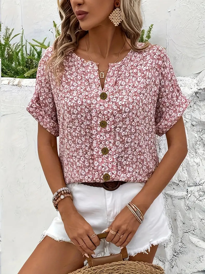 Chemisier boutonné à manches courtes et imprimé floral pour femme