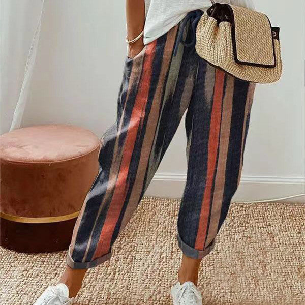 Sandra - Pantalon décontracté en coton et lin imprimé