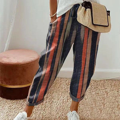 Sandra - Pantalon décontracté en coton et lin imprimé