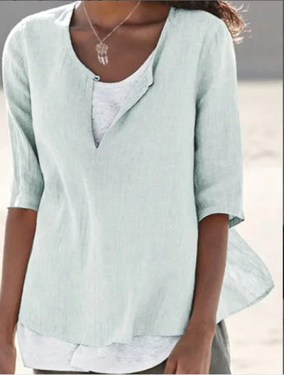 Elegante blusa de lino blanco con cuello redondo para mujer - Tamera
