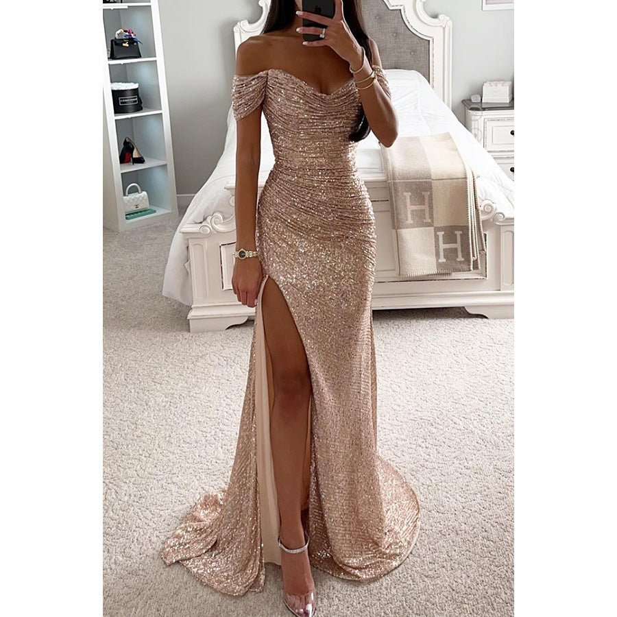 Vestido de noche de verano para mujer: largo, escotado y con lentejuelas, ideal para bodas y fiestas.
